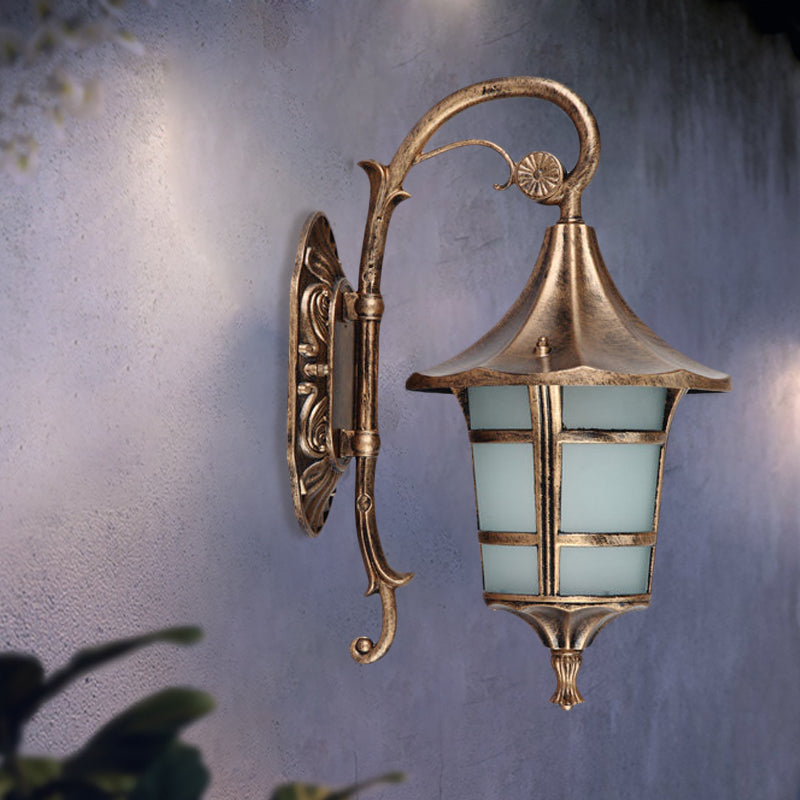 Metal Black/Coffee/Bronze Wall Light Sconce Curved Arm 1 Light Lodge Style Wall Lamp with White Glass Shade Bronze Clearhalo 'Wall Lamps & Sconces' 'Wall Lights' Lighting' 814911