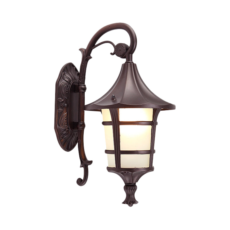 Metal Black/Coffee/Bronze Wall Light Sconce Curved Arm 1 Light Lodge Style Wall Lamp with White Glass Shade Clearhalo 'Wall Lamps & Sconces' 'Wall Lights' Lighting' 814918