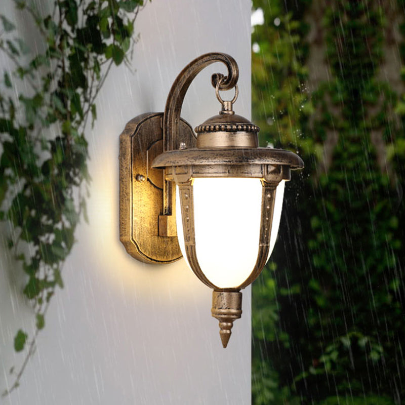 Urn-Shaped Frosted Glass Wall Sconce Country 1 Light Outdoor Wall Hanging Light in Black/Gold/Bronze Bronze Clearhalo 'Wall Lamps & Sconces' 'Wall Lights' Lighting' 814935