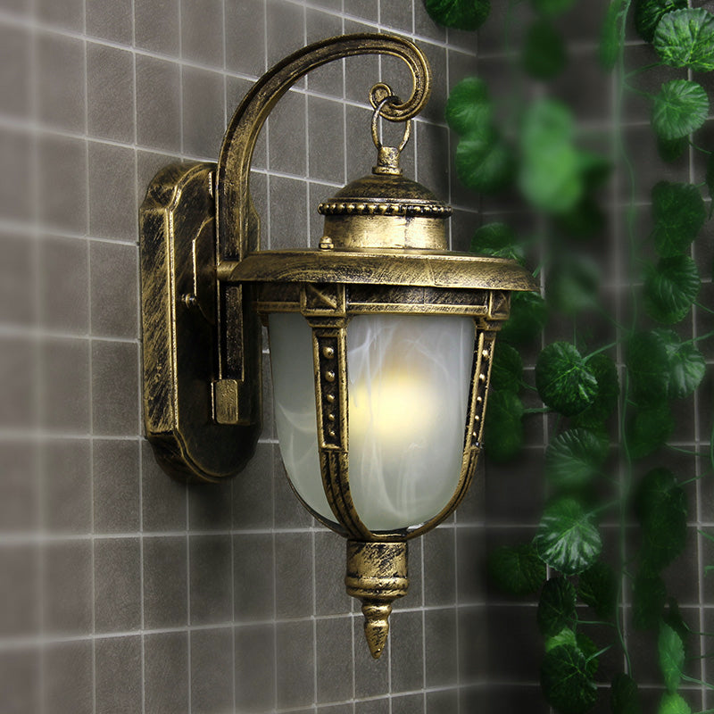 Urn-Shaped Frosted Glass Wall Sconce Country 1 Light Outdoor Wall Hanging Light in Black/Gold/Bronze Gold Clearhalo 'Wall Lamps & Sconces' 'Wall Lights' Lighting' 814943