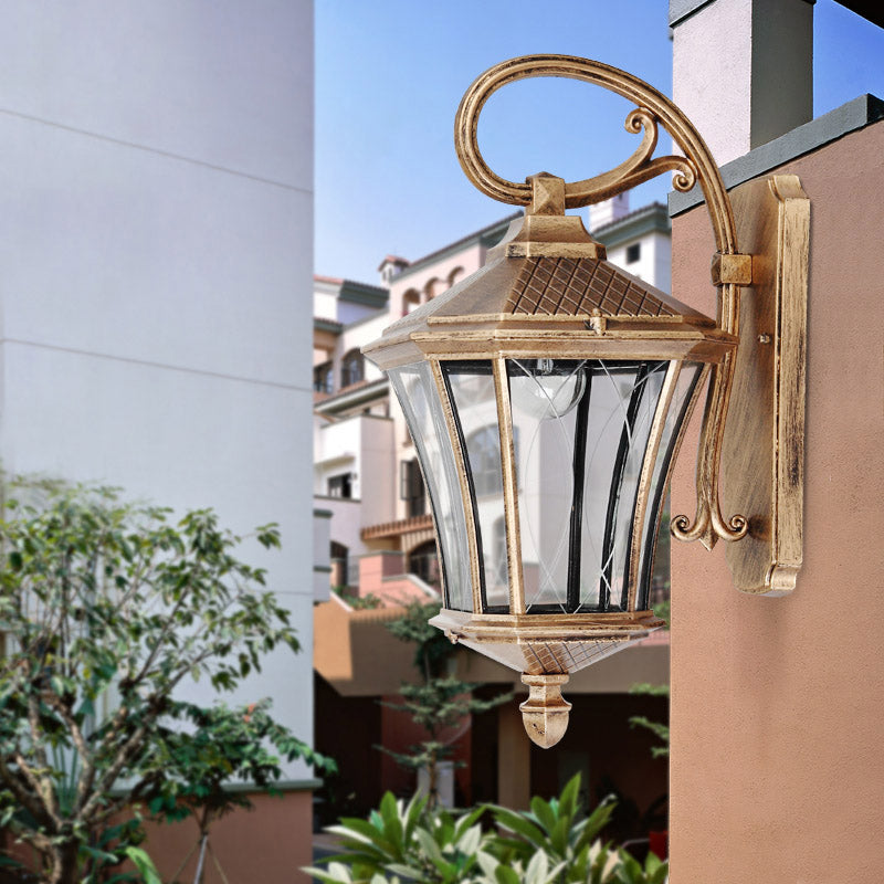 1 Bulb Wall Light Sconce Classic Lantern Clear Glass Wall Mount Lamp in Bronze with Swooping Arm Bronze Clearhalo 'Wall Lamps & Sconces' 'Wall Lights' Lighting' 814947