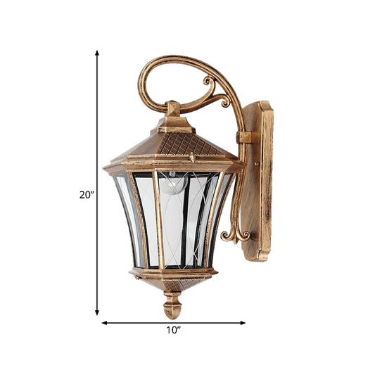 1 Bulb Wall Light Sconce Classic Lantern Clear Glass Wall Mount Lamp in Bronze with Swooping Arm Clearhalo 'Wall Lamps & Sconces' 'Wall Lights' Lighting' 814950