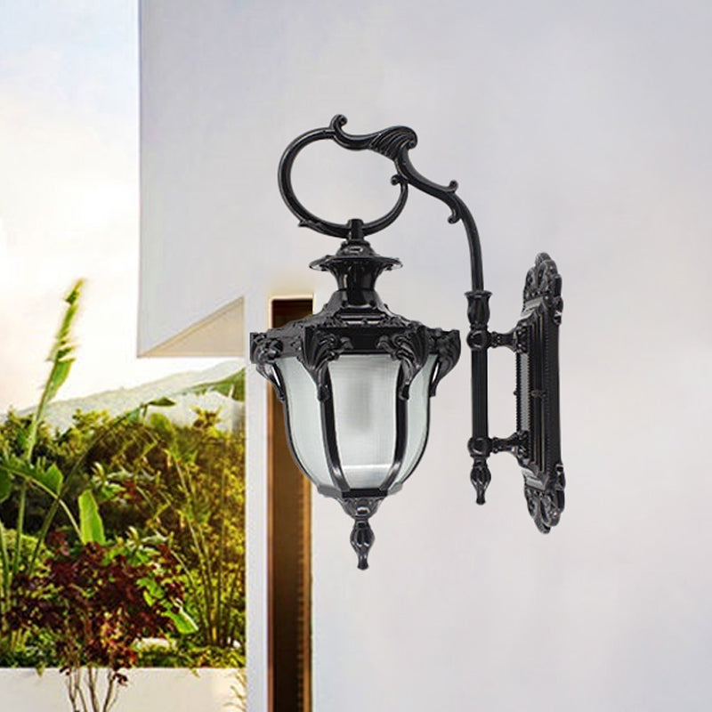 Black/Bronze Scrolled Arm Wall Lighting Rustic 1-Light Courtyard Wall Mounted Lamp with Urn Frosted Glass Shade Clearhalo 'Wall Lamps & Sconces' 'Wall Lights' Lighting' 814957