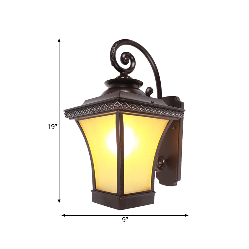 1 Bulb Wall Light Fixture Classic Patio Wall Lighting Ideas with Lantern Yellow Glass Shade in Coffee Clearhalo 'Wall Lamps & Sconces' 'Wall Lights' Lighting' 814983