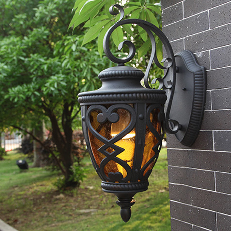 Country Urn-Shaped Wall Light Fixture 1 Light Amber Glass Wall Mount Lamp in Black for Courtyard Clearhalo 'Wall Lamps & Sconces' 'Wall Lights' Lighting' 814989