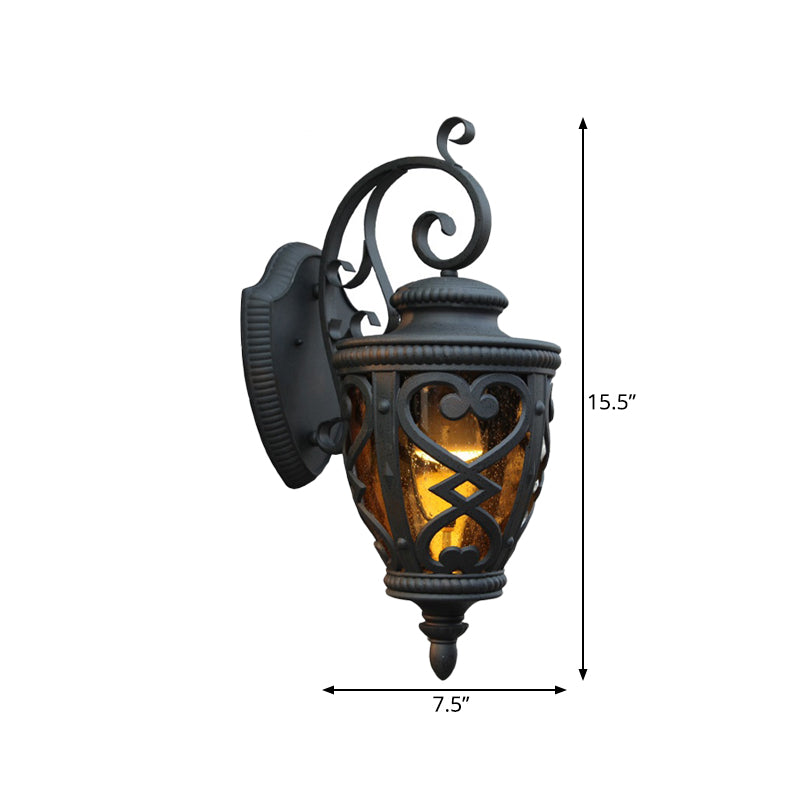 Country Urn-Shaped Wall Light Fixture 1 Light Amber Glass Wall Mount Lamp in Black for Courtyard Clearhalo 'Wall Lamps & Sconces' 'Wall Lights' Lighting' 814991