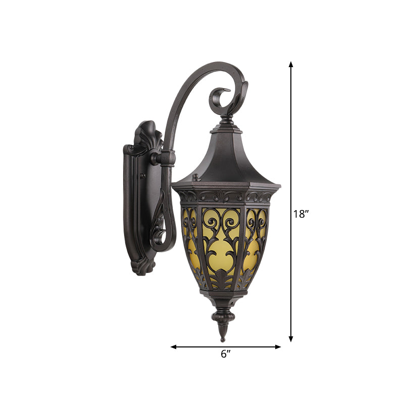 Metal Curving Wall Lighting Fixture Classic 1-Light Outdoor Wall Hanging Light in Black with Urn Yellow Glass Shade Clearhalo 'Wall Lamps & Sconces' 'Wall Lights' Lighting' 814995