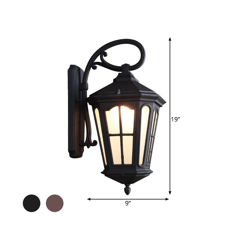 1-Light Wall Hanging Light Lodge Style Lantern White Glass Sconce in Textured Black/Coffee with Swooping Arm Clearhalo 'Wall Lamps & Sconces' 'Wall Lights' Lighting' 815007