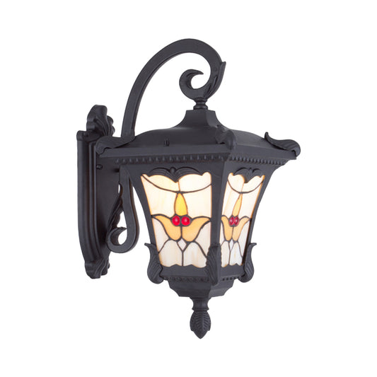 Black Lantern Wall Sconce Vintage Metallic 1-Bulb Patio Flower Patterned Wall Mount Light Fixture Clearhalo 'Wall Lamps & Sconces' 'Wall Lights' Lighting' 815013