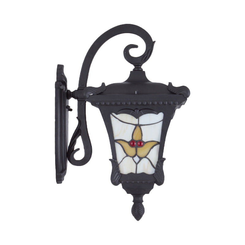 Black Lantern Wall Sconce Vintage Metallic 1-Bulb Patio Flower Patterned Wall Mount Light Fixture Clearhalo 'Wall Lamps & Sconces' 'Wall Lights' Lighting' 815014