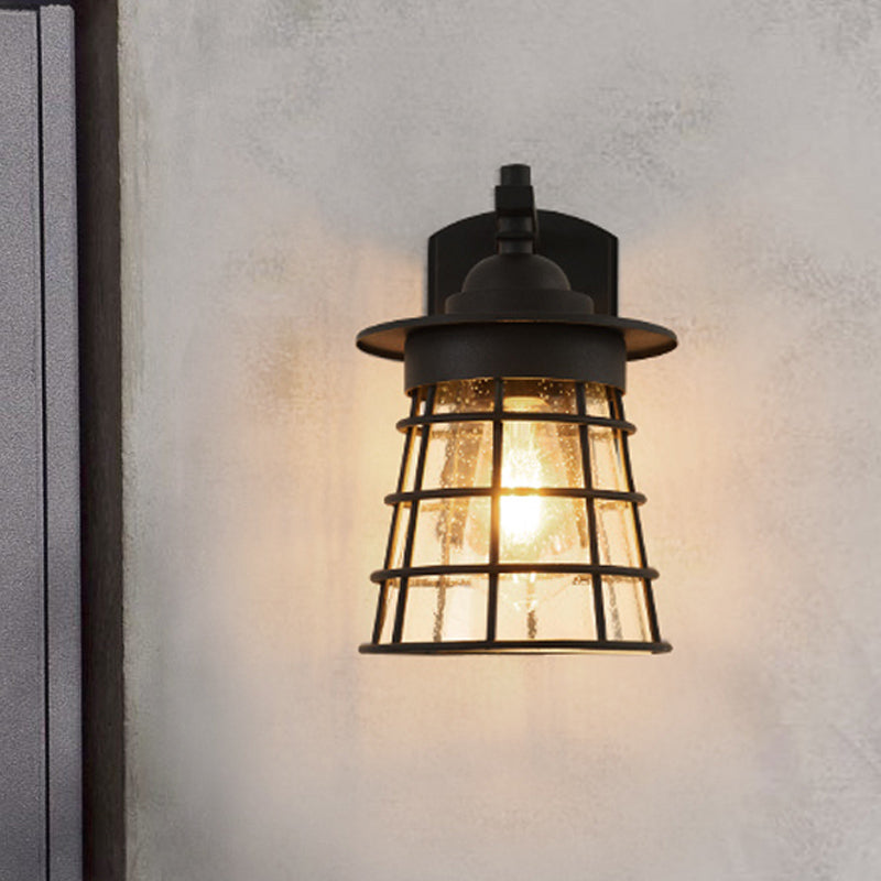 Conical Yard Wall Light Sconce Cottage Clear Ripple Glass 1 Light Black Finish Wall Mounted Lamp with Cage Black Clearhalo 'Wall Lamps & Sconces' 'Wall Lights' Lighting' 815016