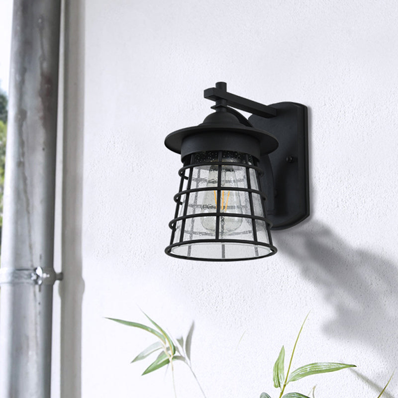 Conical Yard Wall Light Sconce Cottage Clear Ripple Glass 1 Light Black Finish Wall Mounted Lamp with Cage Clearhalo 'Wall Lamps & Sconces' 'Wall Lights' Lighting' 815017