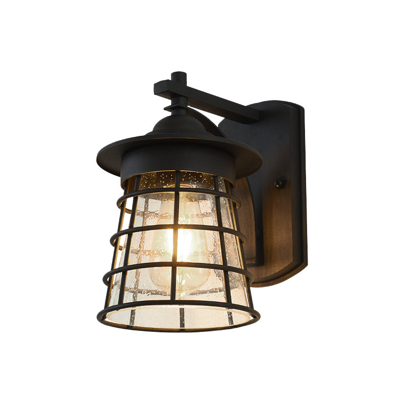 Conical Yard Wall Light Sconce Cottage Clear Ripple Glass 1 Light Black Finish Wall Mounted Lamp with Cage Clearhalo 'Wall Lamps & Sconces' 'Wall Lights' Lighting' 815018