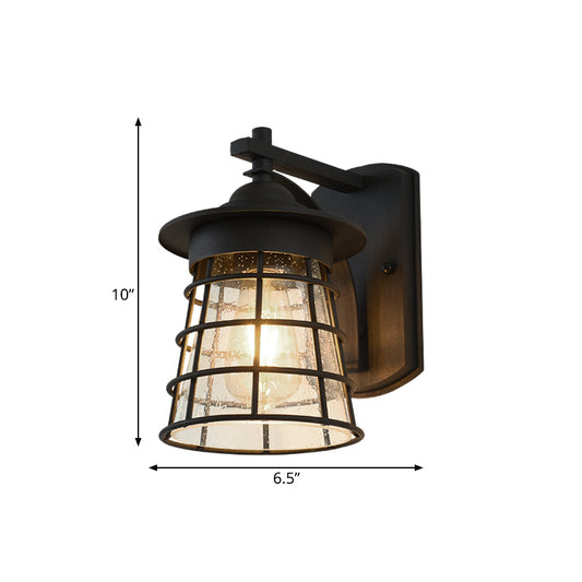 Conical Yard Wall Light Sconce Cottage Clear Ripple Glass 1 Light Black Finish Wall Mounted Lamp with Cage Clearhalo 'Wall Lamps & Sconces' 'Wall Lights' Lighting' 815019