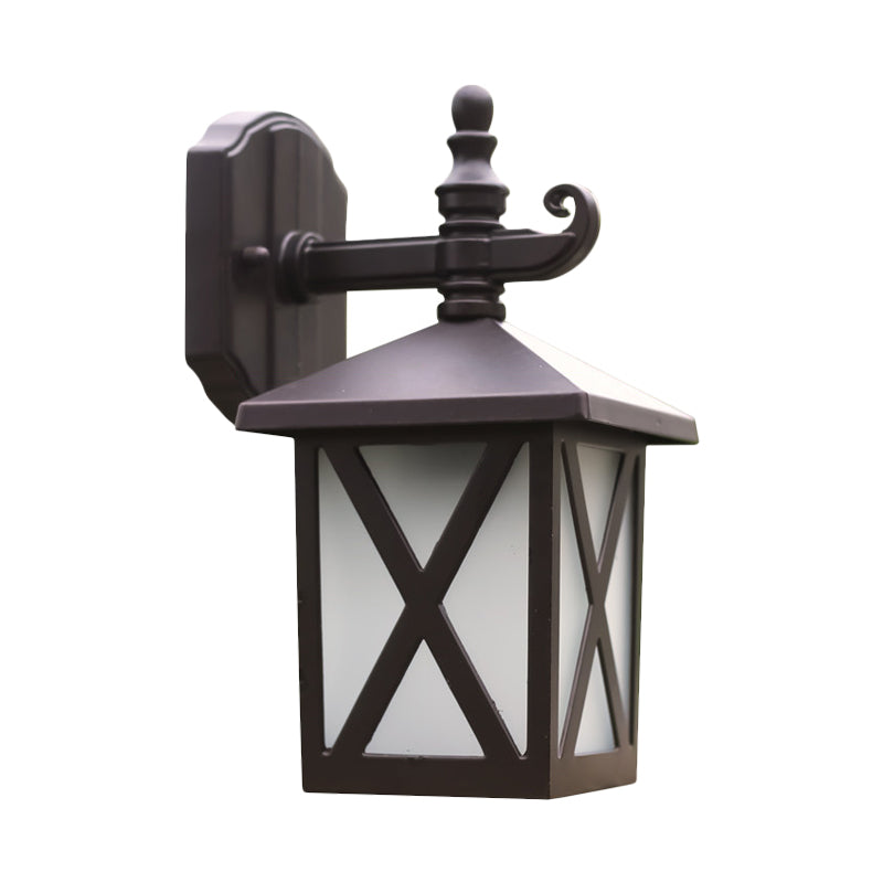 1-Head Frosted Glass Wall Sconce Lighting Traditional Dark Coffee Lantern Outdoor Wall Light Fixture Clearhalo 'Wall Lamps & Sconces' 'Wall Lights' Lighting' 815021