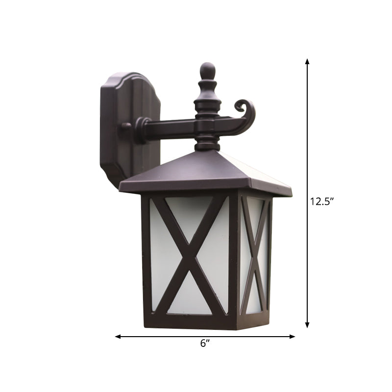 1-Head Frosted Glass Wall Sconce Lighting Traditional Dark Coffee Lantern Outdoor Wall Light Fixture Clearhalo 'Wall Lamps & Sconces' 'Wall Lights' Lighting' 815023