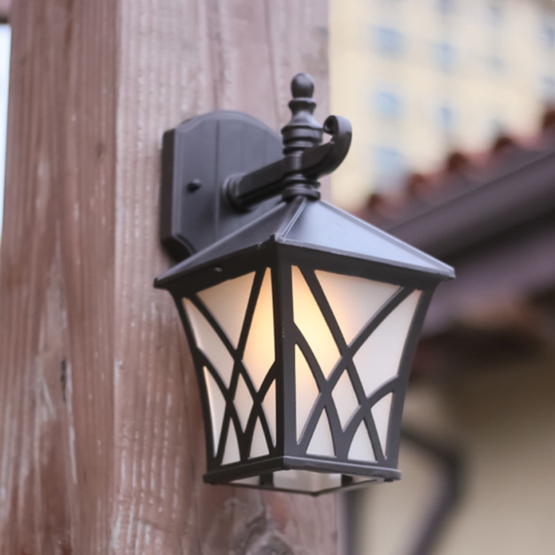 1-Head Frosted Glass Wall Sconce Lighting Traditional Dark Coffee Lantern Outdoor Wall Light Fixture Dark Coffee B Clearhalo 'Wall Lamps & Sconces' 'Wall Lights' Lighting' 815024