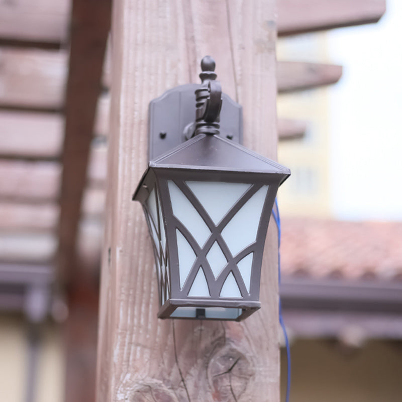 1-Head Frosted Glass Wall Sconce Lighting Traditional Dark Coffee Lantern Outdoor Wall Light Fixture Clearhalo 'Wall Lamps & Sconces' 'Wall Lights' Lighting' 815025