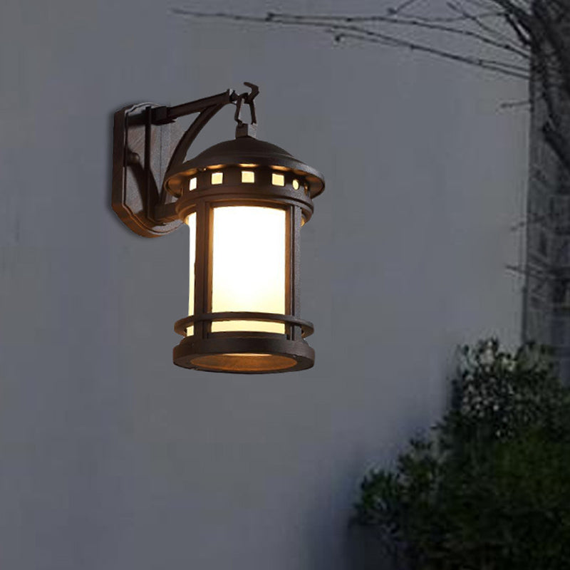 Black/Coffee 1 Bulb Wall Mounted Lighting Country White Glass Cylinder Wall Lamp for Courtyard Clearhalo 'Wall Lamps & Sconces' 'Wall Lights' Lighting' 815034