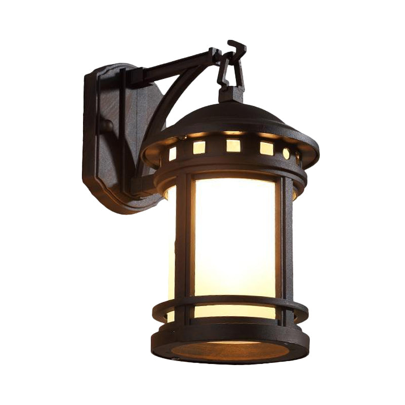 Black/Coffee 1 Bulb Wall Mounted Lighting Country White Glass Cylinder Wall Lamp for Courtyard Clearhalo 'Wall Lamps & Sconces' 'Wall Lights' Lighting' 815035