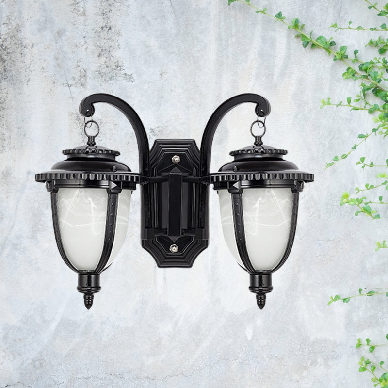 2 Lights Wall Mounted Lamp Classic Patio Sconce with Urn Frosted Glass Shade in Black/Bronze, Small/Large Black Large Clearhalo 'Wall Lamps & Sconces' 'Wall Lights' Lighting' 815041