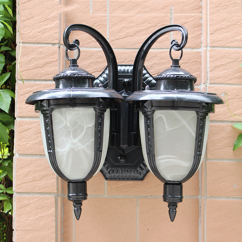 2 Lights Wall Mounted Lamp Classic Patio Sconce with Urn Frosted Glass Shade in Black/Bronze, Small/Large Black Small Clearhalo 'Wall Lamps & Sconces' 'Wall Lights' Lighting' 815046