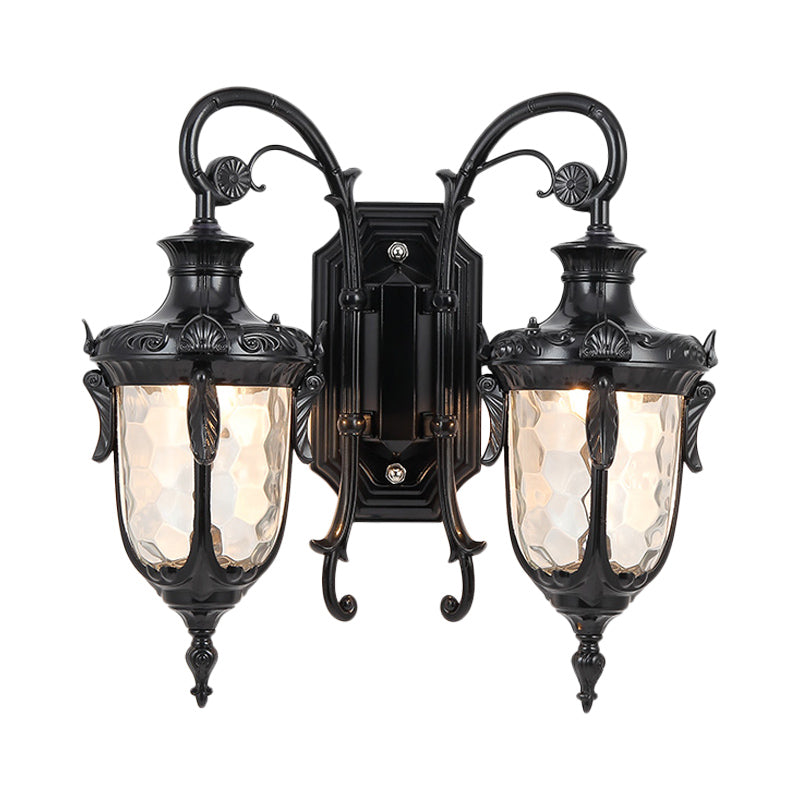 Iron Black/Bronze Wall Mounted Light Scrolled Arm 2 Lights Farmhouse Style Sconce Lamp with Clear Dimpled Glass Shade Clearhalo 'Wall Lamps & Sconces' 'Wall Lights' Lighting' 815052