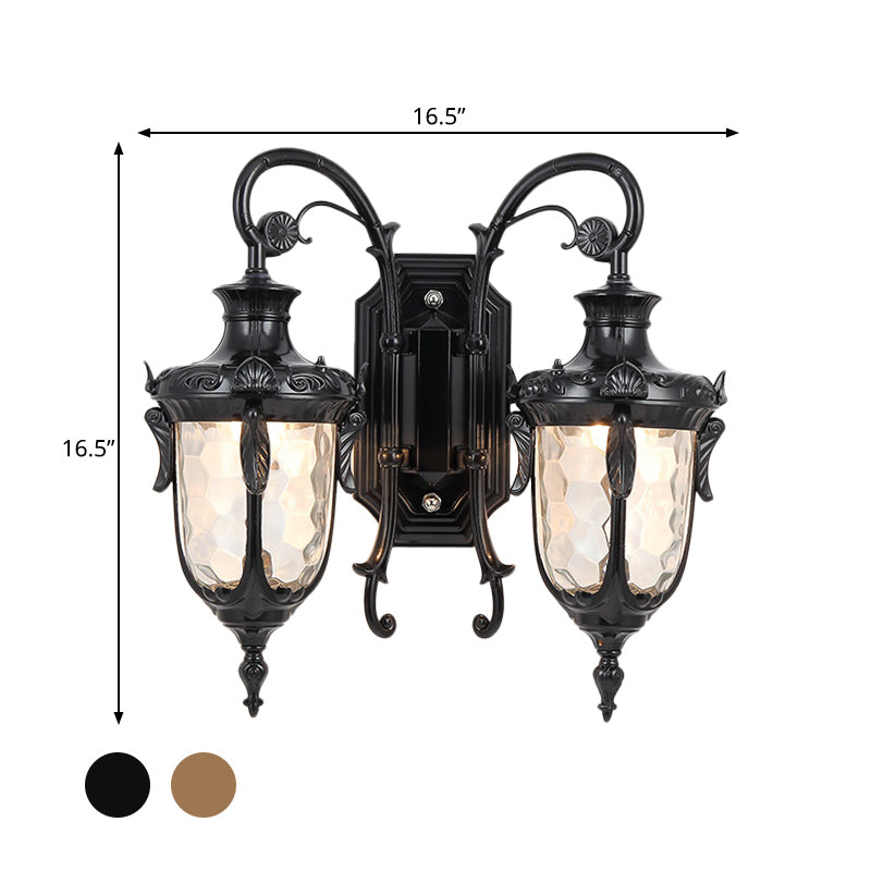 Iron Black/Bronze Wall Mounted Light Scrolled Arm 2 Lights Farmhouse Style Sconce Lamp with Clear Dimpled Glass Shade Clearhalo 'Wall Lamps & Sconces' 'Wall Lights' Lighting' 815053