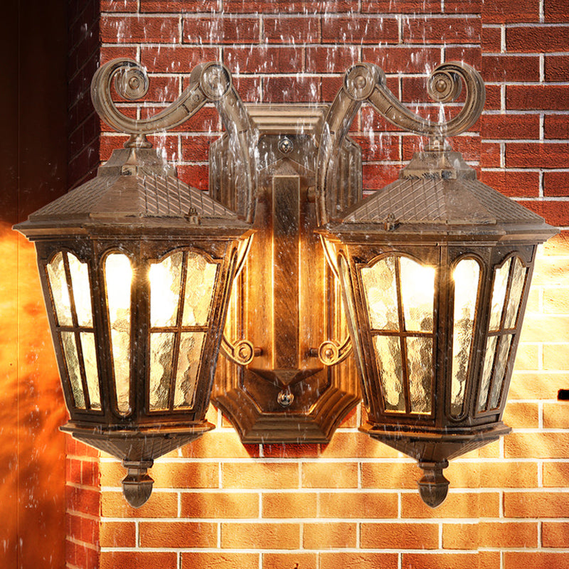 Lodge Lantern Wall Mount Lamp 2-Light Clear Water Glass Wall Lighting Fixture in Bronze Bronze Clearhalo 'Wall Lamps & Sconces' 'Wall Lights' Lighting' 815058