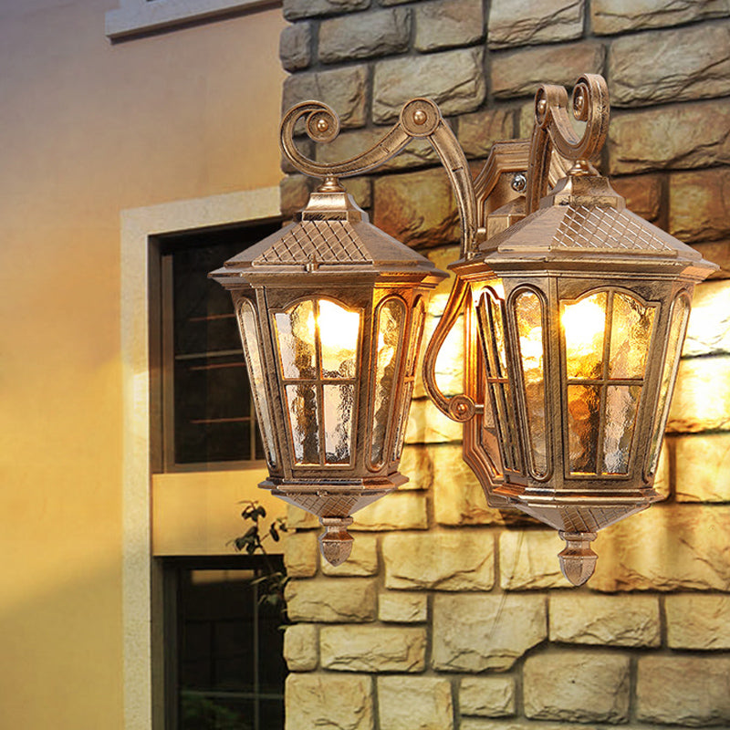 Lodge Lantern Wall Mount Lamp 2-Light Clear Water Glass Wall Lighting Fixture in Bronze Clearhalo 'Wall Lamps & Sconces' 'Wall Lights' Lighting' 815059