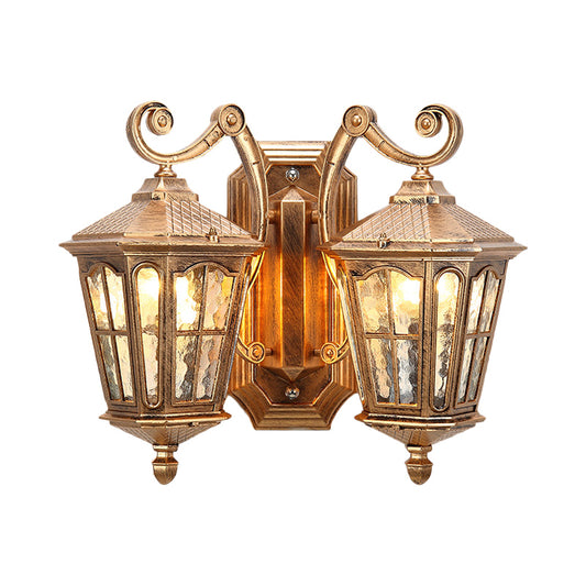 Lodge Lantern Wall Mount Lamp 2-Light Clear Water Glass Wall Lighting Fixture in Bronze Clearhalo 'Wall Lamps & Sconces' 'Wall Lights' Lighting' 815060