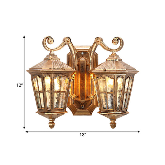 Lodge Lantern Wall Mount Lamp 2-Light Clear Water Glass Wall Lighting Fixture in Bronze Clearhalo 'Wall Lamps & Sconces' 'Wall Lights' Lighting' 815061