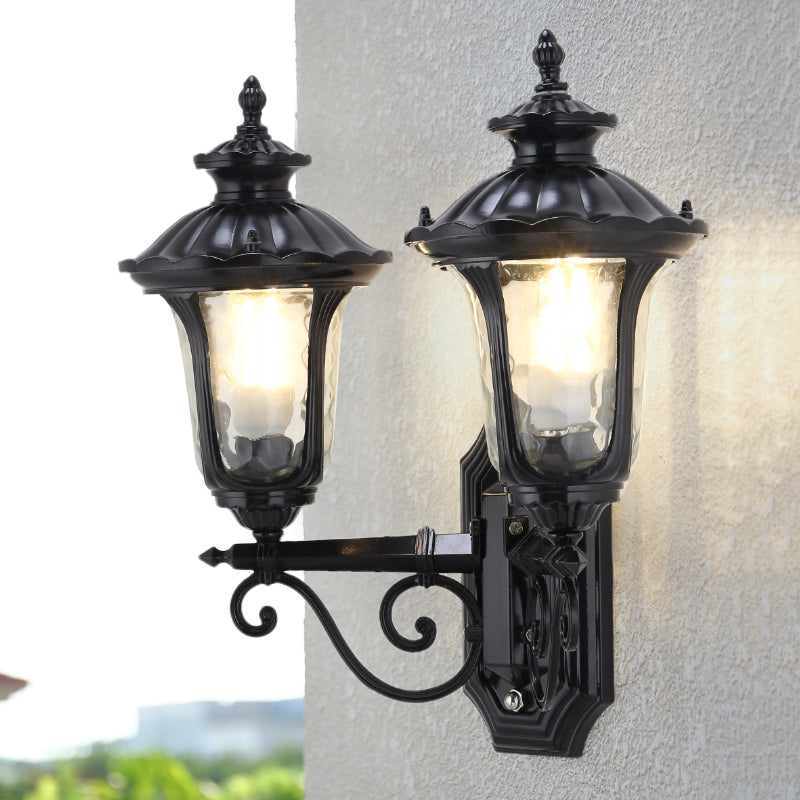 2 Bulbs Wall Mount Light Traditional Urn-Shade Clear Dimple Glass Sconce Lamp in Black Clearhalo 'Wall Lamps & Sconces' 'Wall Lights' Lighting' 815063