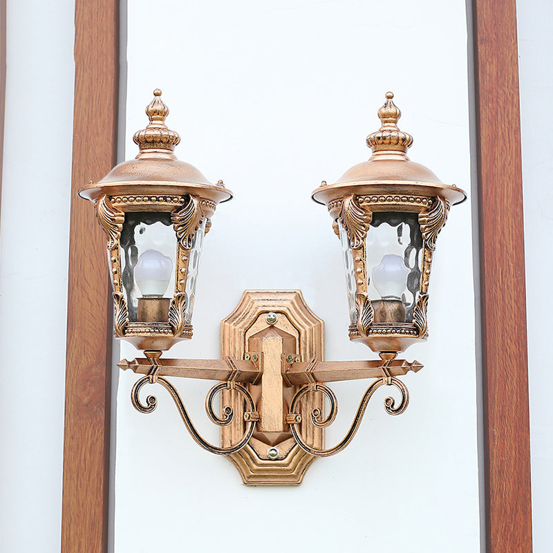 Lantern Shaped Clear Dimple Glass Wall Lighting Cottage Style 2 Heads Courtyard Wall Hanging Light in Bronze Bronze Clearhalo 'Wall Lamps & Sconces' 'Wall Lights' Lighting' 815066