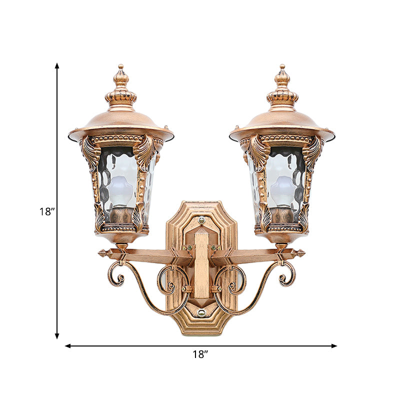 Lantern Shaped Clear Dimple Glass Wall Lighting Cottage Style 2 Heads Courtyard Wall Hanging Light in Bronze Clearhalo 'Wall Lamps & Sconces' 'Wall Lights' Lighting' 815069