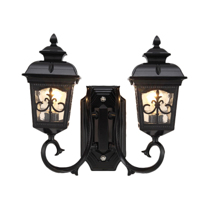 2 Bulbs Lantern Wall Mount Lighting Vintage Black Finish Clear Glass Wall Light Fixture with Curved Arm Clearhalo 'Wall Lamps & Sconces' 'Wall Lights' Lighting' 815071