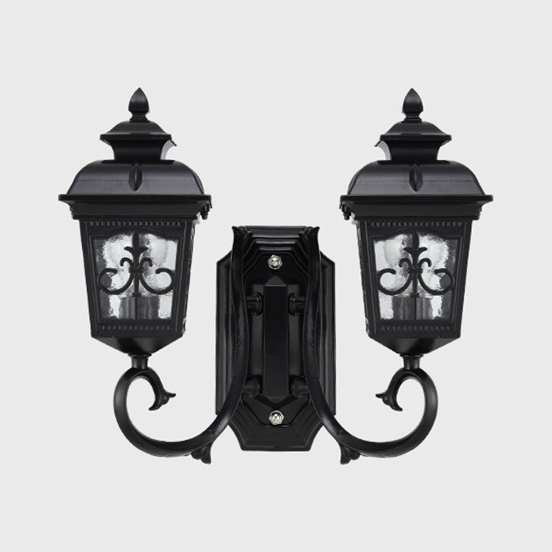 2 Bulbs Lantern Wall Mount Lighting Vintage Black Finish Clear Glass Wall Light Fixture with Curved Arm Clearhalo 'Wall Lamps & Sconces' 'Wall Lights' Lighting' 815072