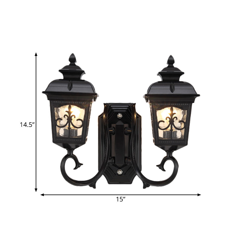 2 Bulbs Lantern Wall Mount Lighting Vintage Black Finish Clear Glass Wall Light Fixture with Curved Arm Clearhalo 'Wall Lamps & Sconces' 'Wall Lights' Lighting' 815073