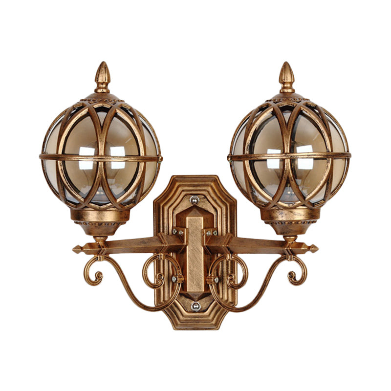 Black/Bronze Spherical Wall Lighting Ideas Country Amber Glass 2-Bulb Patio Surface Wall Sconce with Cage Clearhalo 'Wall Lamps & Sconces' 'Wall Lights' Lighting' 815075