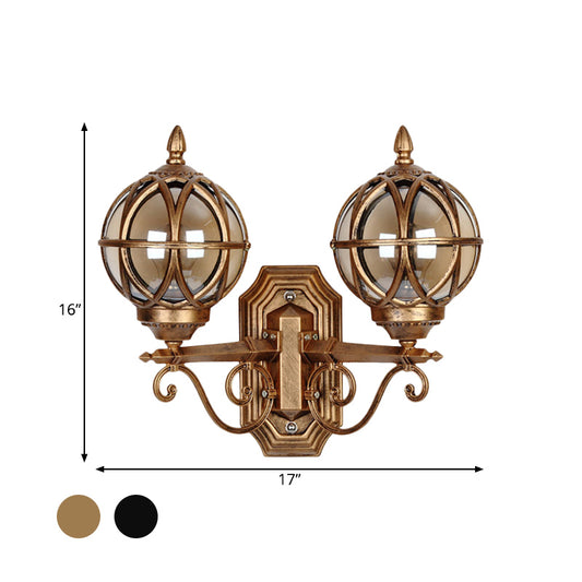 Black/Bronze Spherical Wall Lighting Ideas Country Amber Glass 2-Bulb Patio Surface Wall Sconce with Cage Clearhalo 'Wall Lamps & Sconces' 'Wall Lights' Lighting' 815077