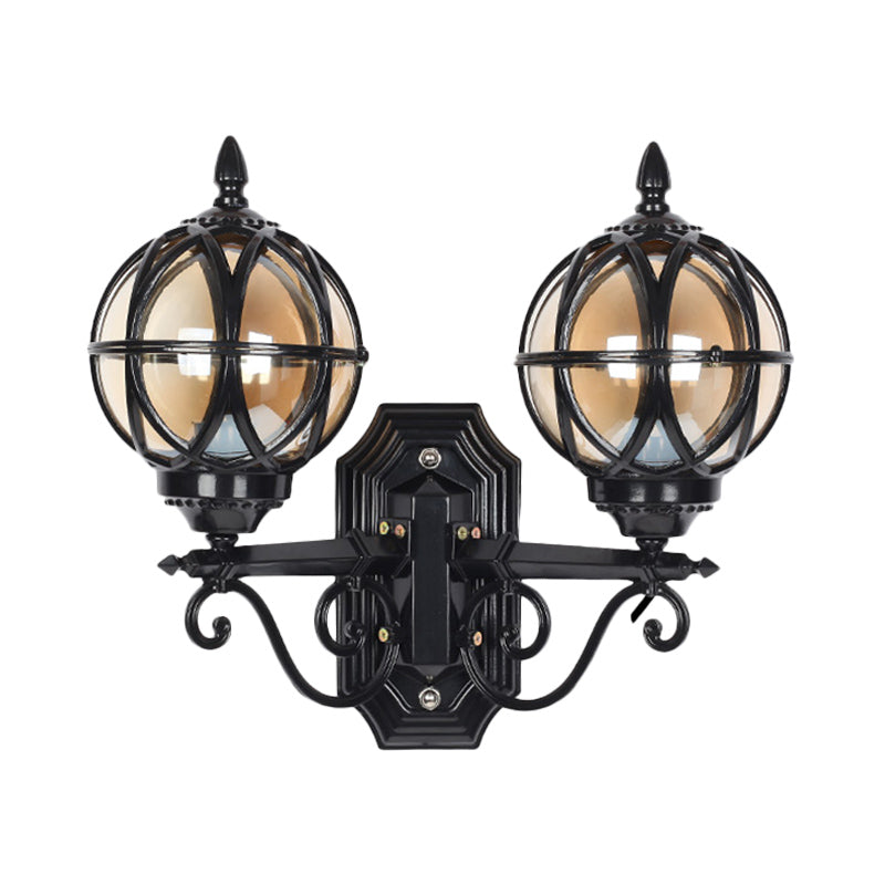 Black/Bronze Spherical Wall Lighting Ideas Country Amber Glass 2-Bulb Patio Surface Wall Sconce with Cage Clearhalo 'Wall Lamps & Sconces' 'Wall Lights' Lighting' 815081