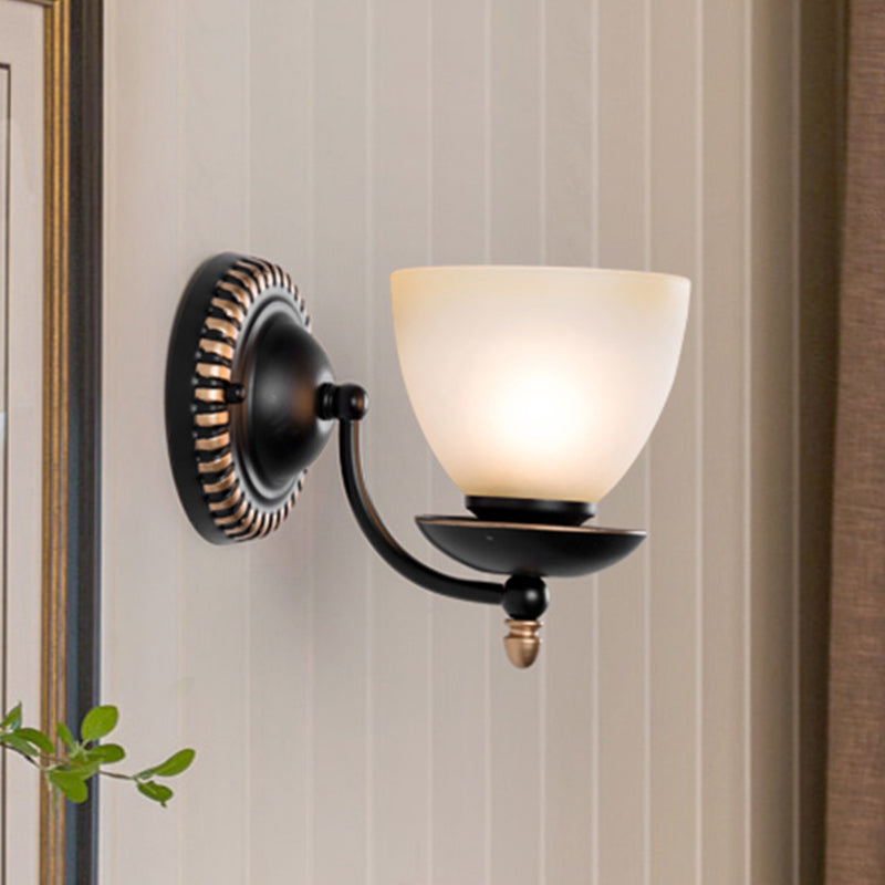 1/2-Head Bud Wall Light Fixture Traditional Black Frosted White Glass Sconce Wall Lighting for Bedroom 1.0 Black Clearhalo 'Wall Lamps & Sconces' 'Wall Lights' Lighting' 815091