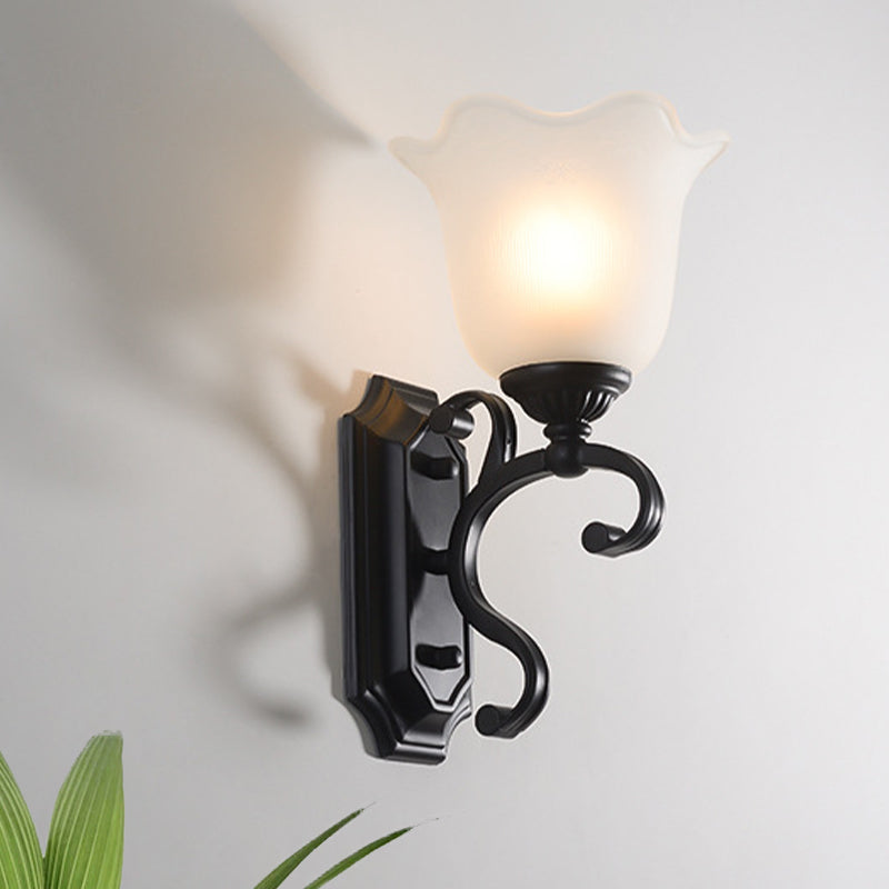 Milk Glass Floral Wall Lamp Antique 1-Bulb Living Room Wall Sconce Lighting Fixture in Black Clearhalo 'Wall Lamps & Sconces' 'Wall Lights' Lighting' 815109