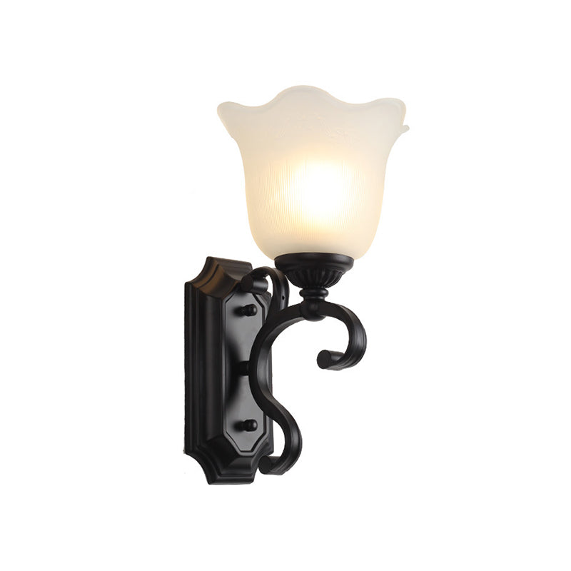 Milk Glass Floral Wall Lamp Antique 1-Bulb Living Room Wall Sconce Lighting Fixture in Black Clearhalo 'Wall Lamps & Sconces' 'Wall Lights' Lighting' 815110