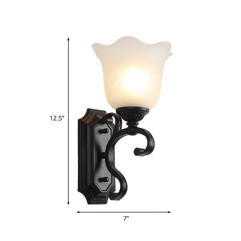 Milk Glass Floral Wall Lamp Antique 1-Bulb Living Room Wall Sconce Lighting Fixture in Black Clearhalo 'Wall Lamps & Sconces' 'Wall Lights' Lighting' 815111