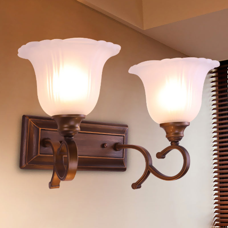 1/2-Light Ivory Glass Sconce Lamp Retro Coffee Blossom Living Room Wall Mounted Light Fixture 2.0 Coffee Clearhalo 'Wall Lamps & Sconces' 'Wall Lights' Lighting' 815129