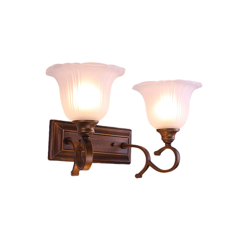 1/2-Light Ivory Glass Sconce Lamp Retro Coffee Blossom Living Room Wall Mounted Light Fixture Clearhalo 'Wall Lamps & Sconces' 'Wall Lights' Lighting' 815132