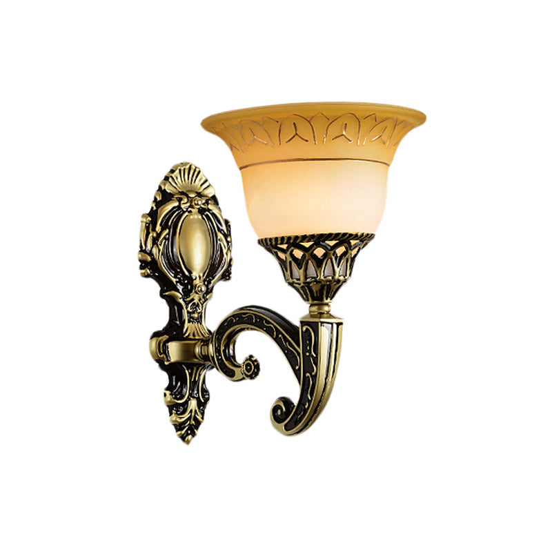 Brass 1/2-Head Sconce Light Fixture Classic Frosted Glass Flared Wall Mounted Lamp for Bedroom Clearhalo 'Wall Lamps & Sconces' 'Wall Lights' Lighting' 815136