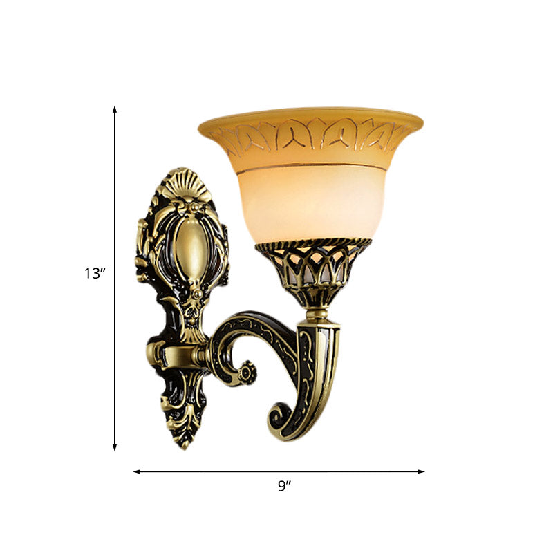 Brass 1/2-Head Sconce Light Fixture Classic Frosted Glass Flared Wall Mounted Lamp for Bedroom Clearhalo 'Wall Lamps & Sconces' 'Wall Lights' Lighting' 815137