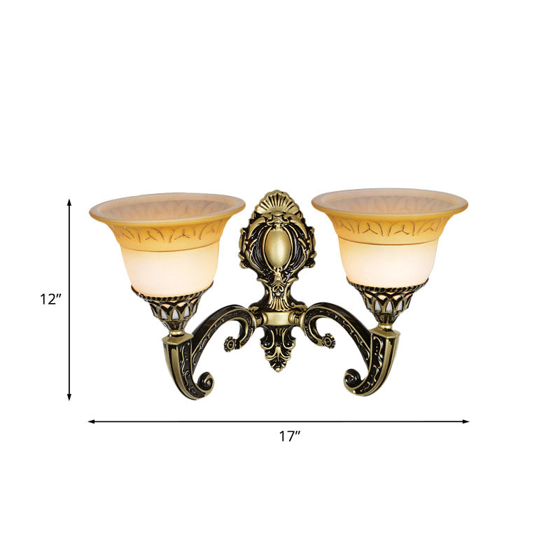 Brass 1/2-Head Sconce Light Fixture Classic Frosted Glass Flared Wall Mounted Lamp for Bedroom Clearhalo 'Wall Lamps & Sconces' 'Wall Lights' Lighting' 815142